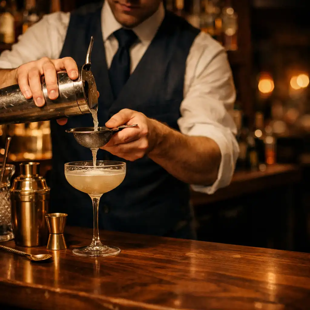 Bar z litego drewna orzechowego w Brasserie Chef, barman przygotowujący koktajl