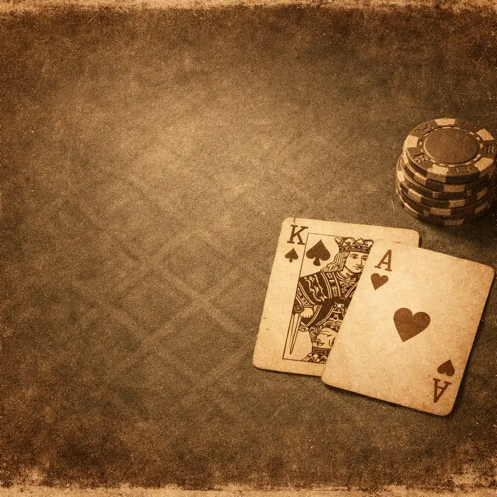 Karty do blackjacka – król i as – obok niewielkiego stosu żetonów na zielonym suknie