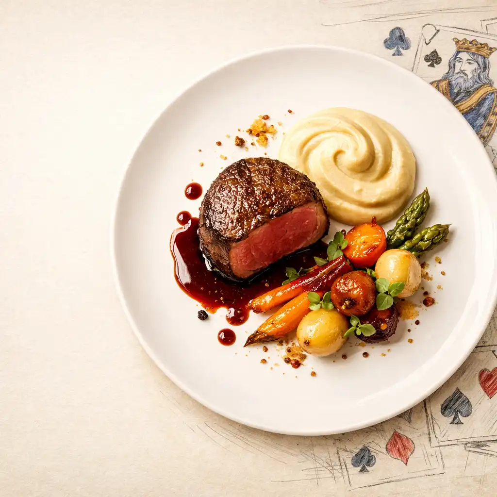 Eleganckie danie szefa kuchni z polędwicą wołową, purée z selera i glazurowanymi warzywami