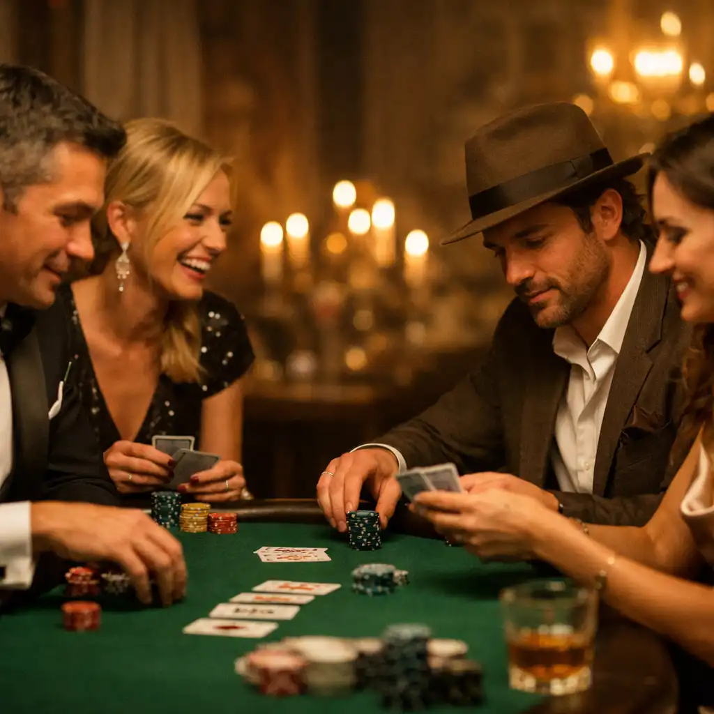 Goście w eleganckich strojach siedzą przy stole pokerowym w ciepłym świetle świec