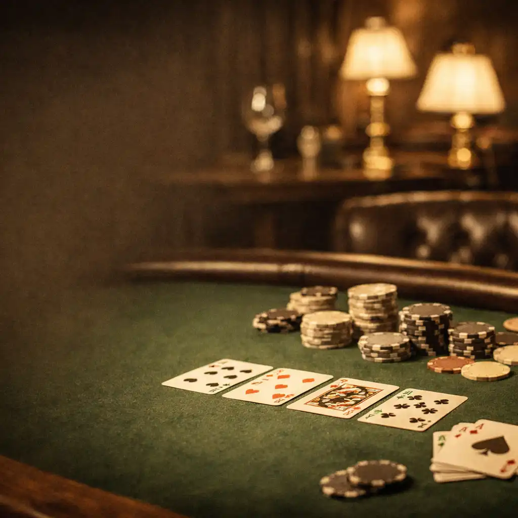 Elegancki stół pokerowy z kartami i żetonami w ciepłym świetle restauracji