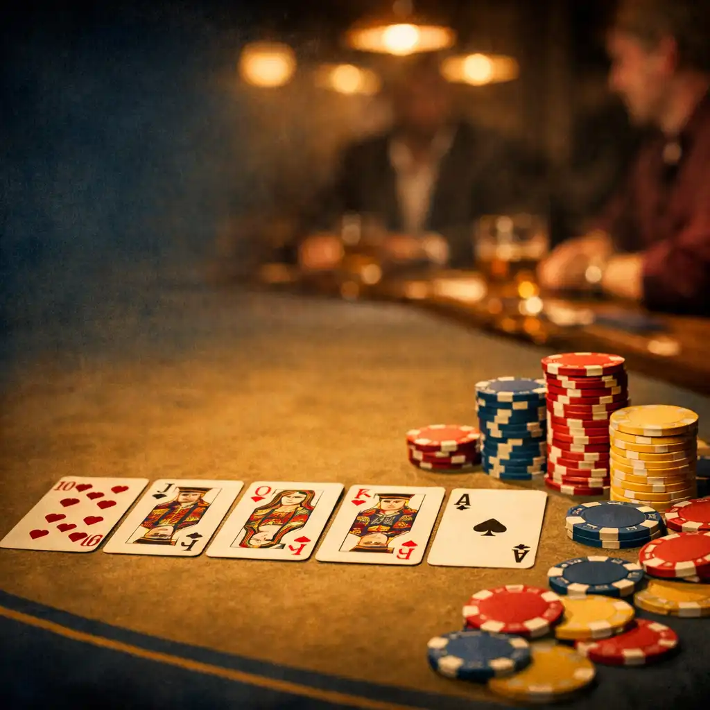 Zbliżenie na stół pokerowy z rozłożonymi kartami i stosem żetonów w ciepłym, punktowym oświetleniu