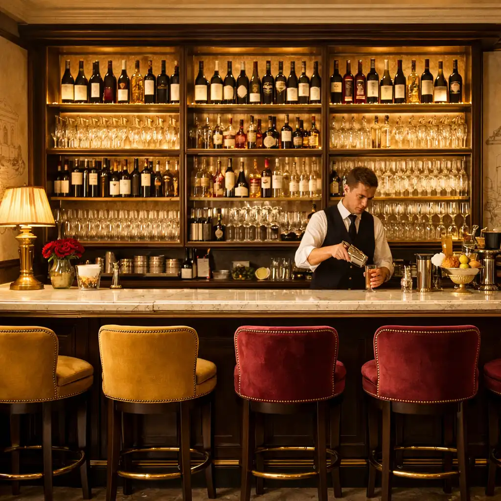 Bar w Brasserie Chef z podświetlanymi półkami, butelkami wina i barmanem przygotowującym koktajl