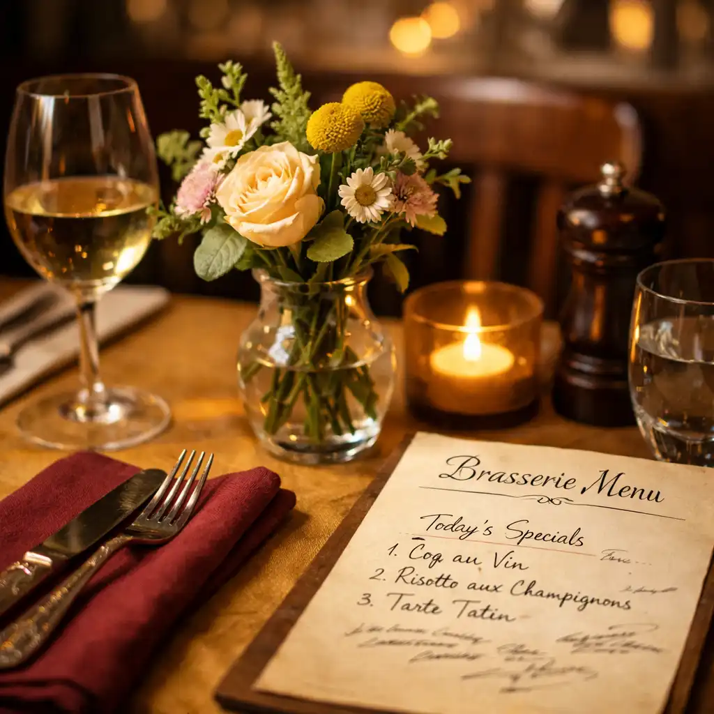 Stół w sali głównej Brasserie Chef z elegancką zastawą, kwiatami i menu z odręcznymi notatkami