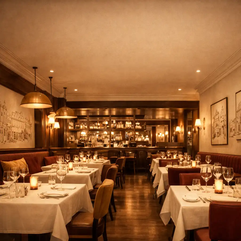 Wnętrze Brasserie Chef – elegancka sala restauracyjna z ciepłym oświetleniem, drewnianymi stołami i świecami