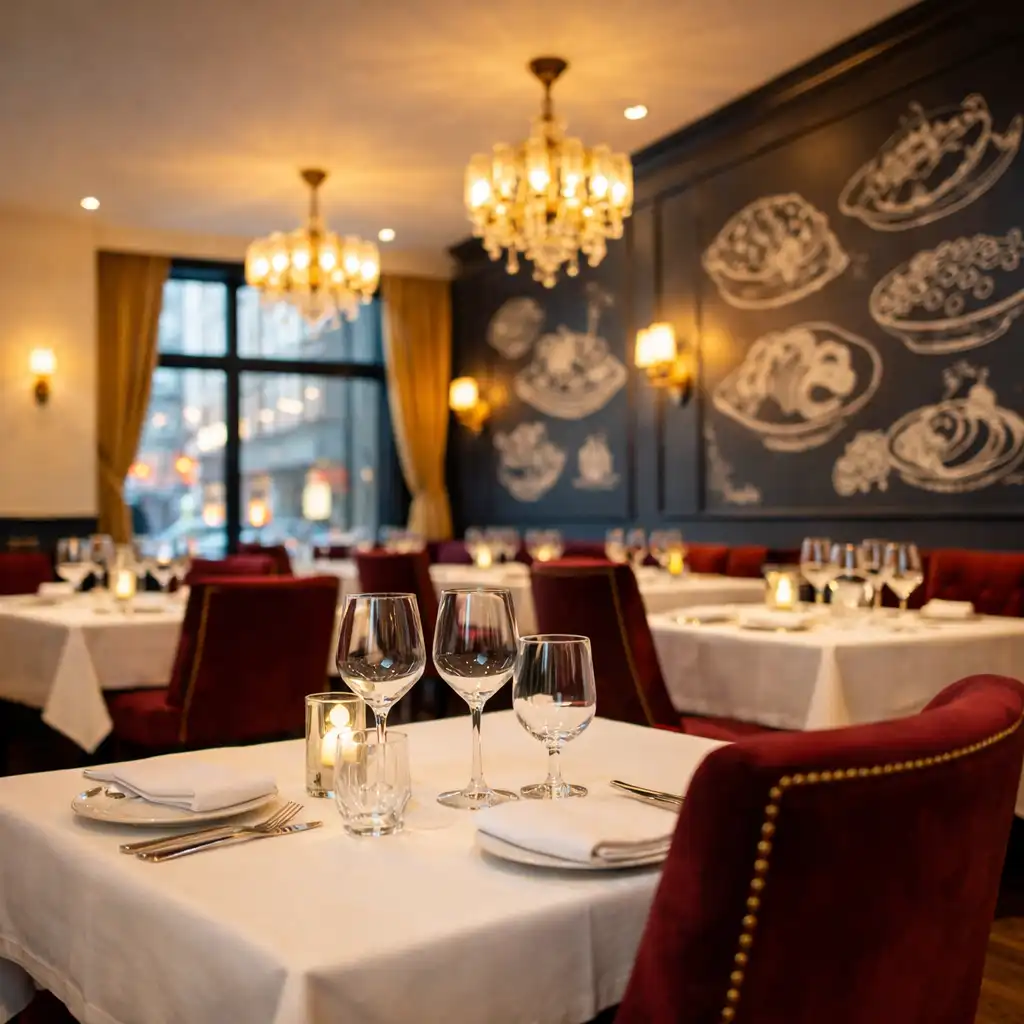 Widok na główną salę jadalną Brasserie Chef z nakrytymi stołami i burgundowymi krzesłami