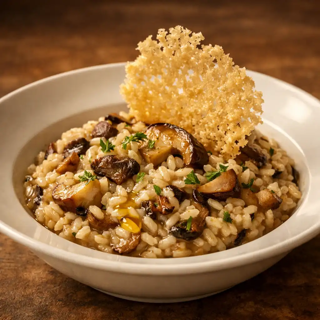Risotto z borowikami w głębokim talerzu z chipsem z parmezanu i oliwą truflową