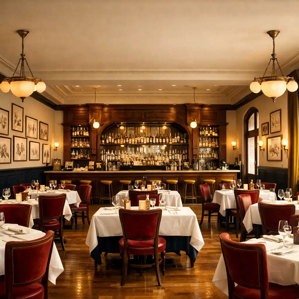 Elegancka sala restauracyjna Brasserie Chef z drewnianymi podłogami, wysokimi sufitami i ciepłym oświetleniem